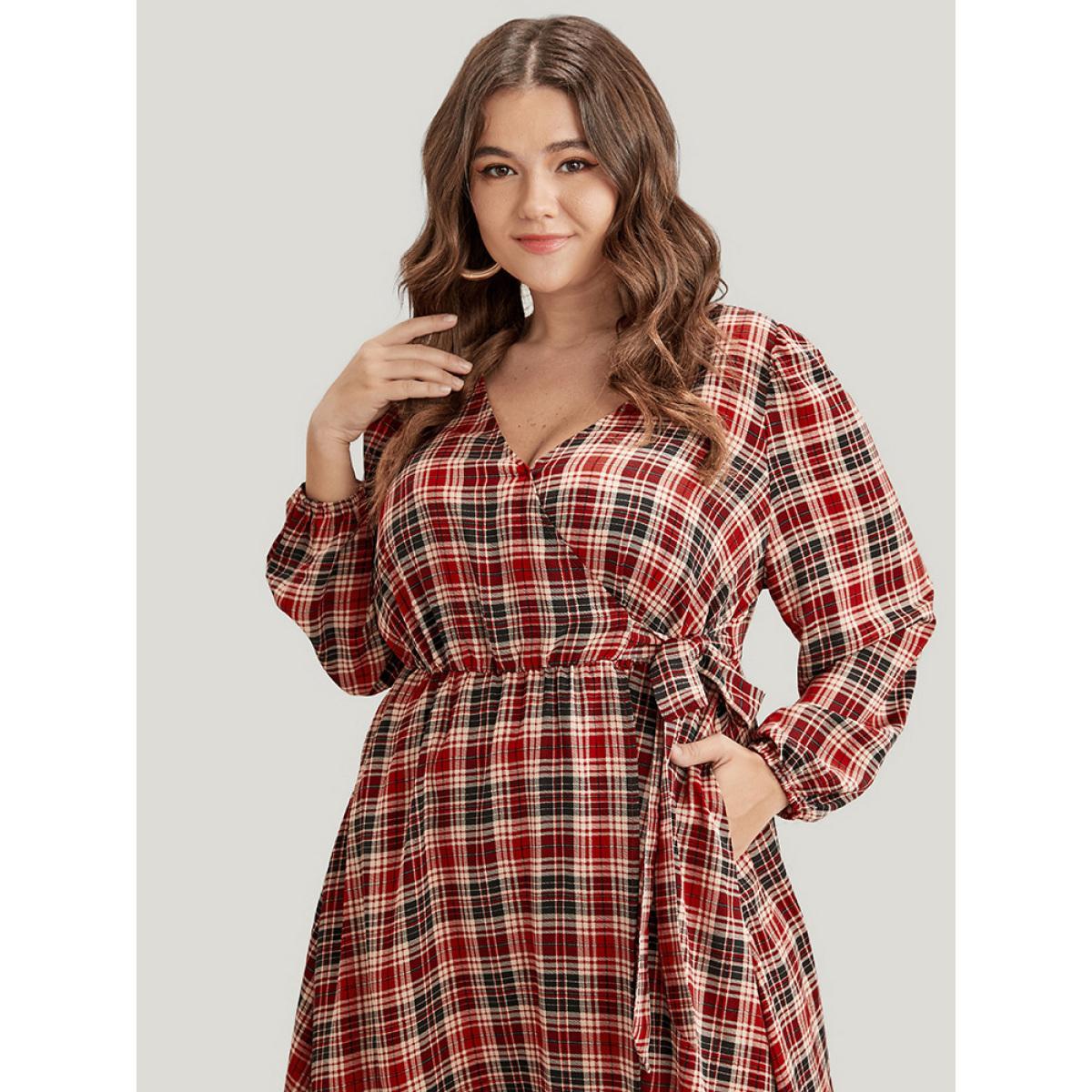 Plus Size Tartan Wrap Lantern Sleeve Pocket Knotted Split Dress Maroon Women Elegant Knotted V-neck Long Sleeve Curvy Midi Dress BloomChic 28/5X Product Image