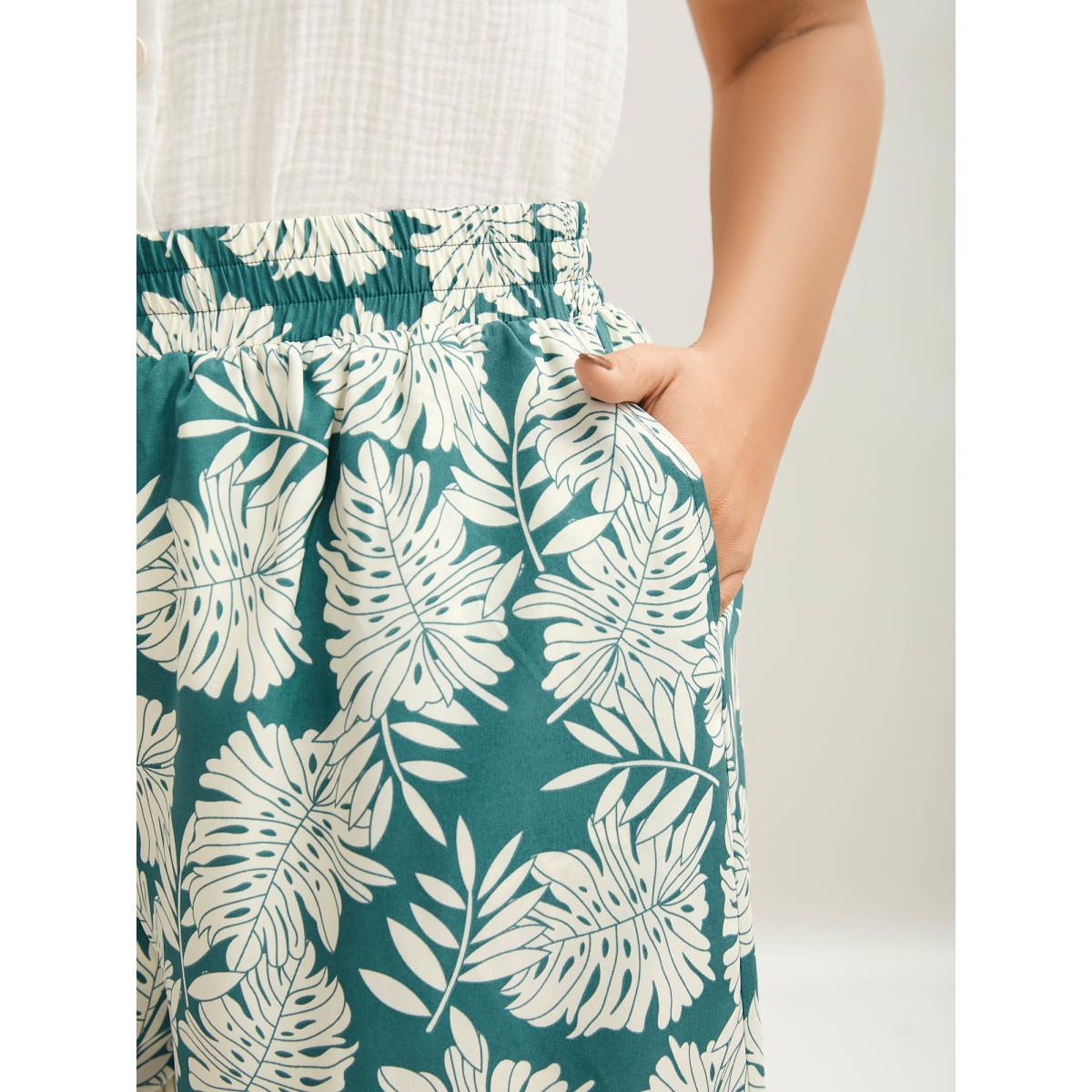 Plus Size Tropical Leaf Pattern Shirred Wide-Leg Pants Women Emerald Resort Wide Leg Mid Rise Vacation Pants BloomChic 18-20/2X Product Image