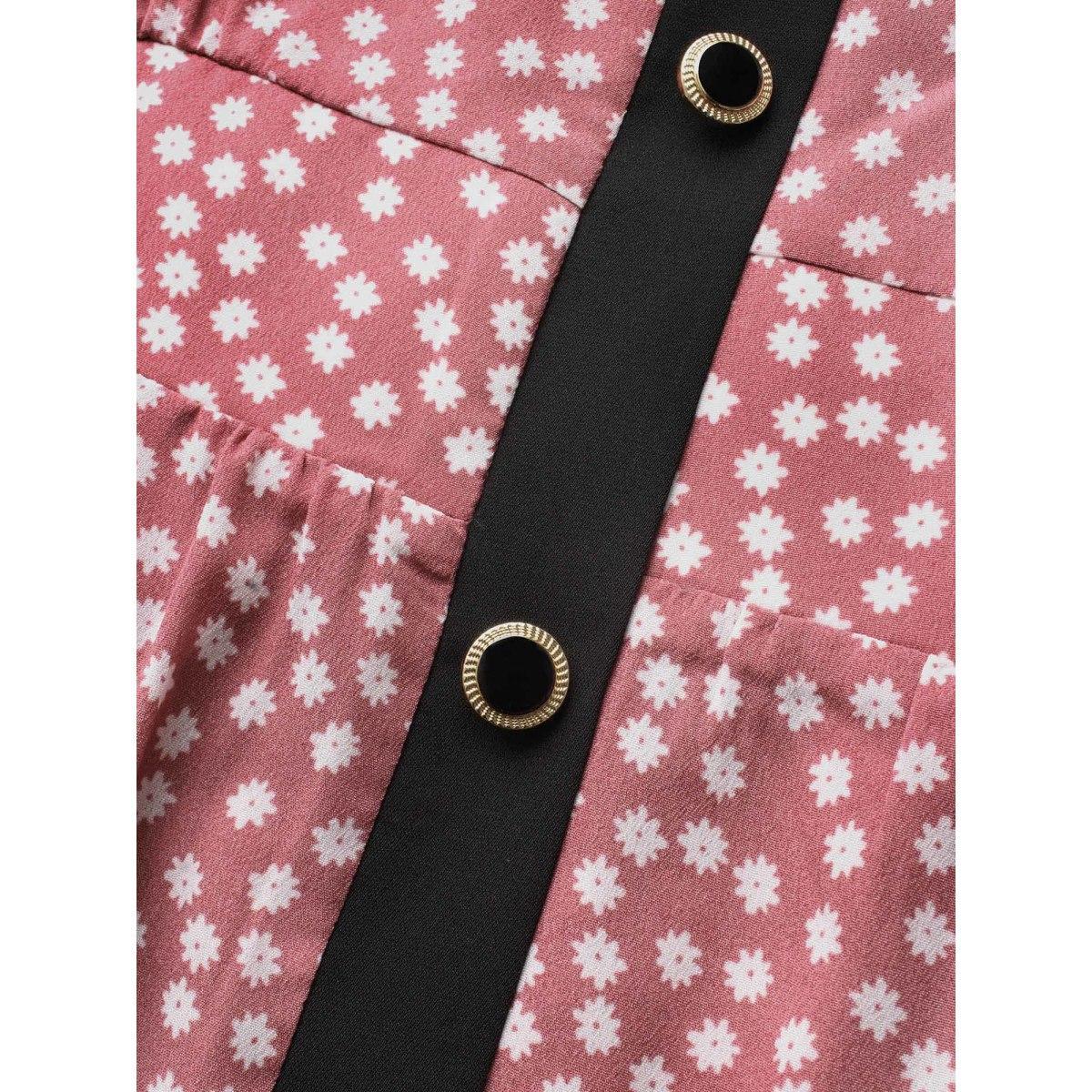 Plus Size Ditsy Floral Contrast Trim Button Detail Dress DustyPink Women Elegant Gathered Boat Neck Half Sleeve Curvy BloomChic 30/6X Product Image