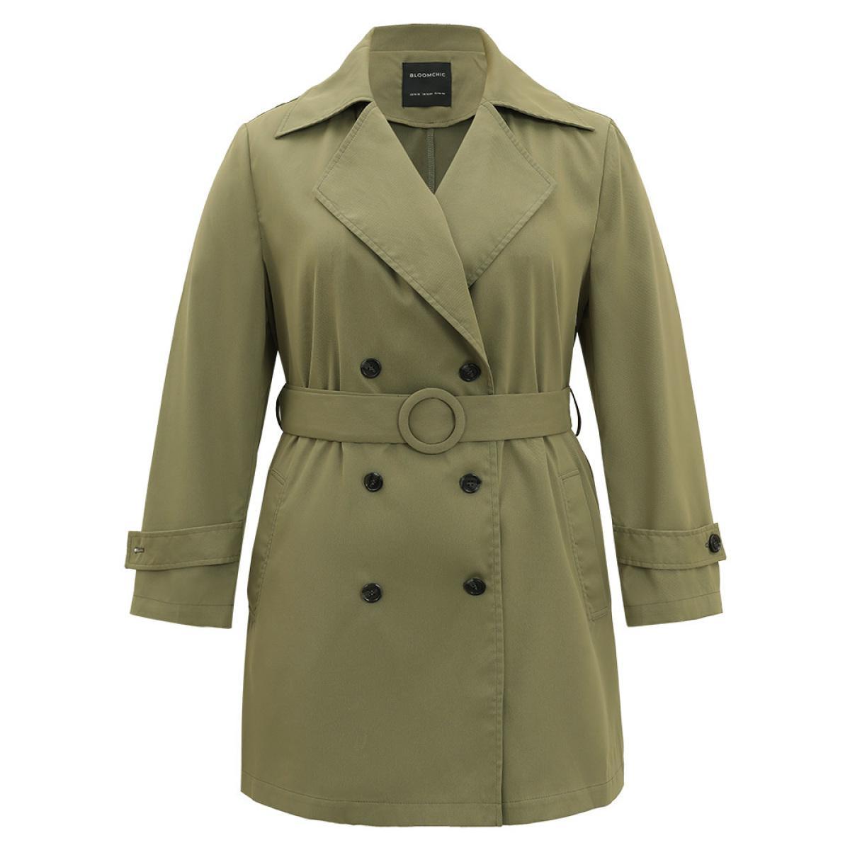 Plus Size Plain Double Breasted Belted Pocket Windbreaker Women ArmyGreen Casual Plain Ladies Dailywear Winter Coats BloomChic 10/M Product Image