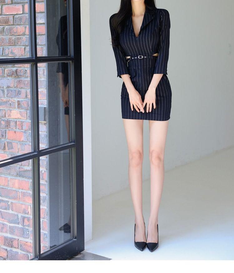 3/4-Sleeve V-Neck Striped Cutout Mini Sheath Dress Product Image