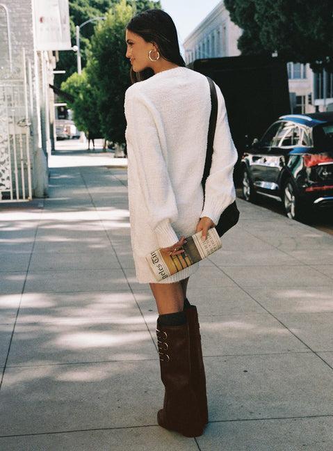 Fine Line Long Sleeve Knit Mini Dress White Product Image