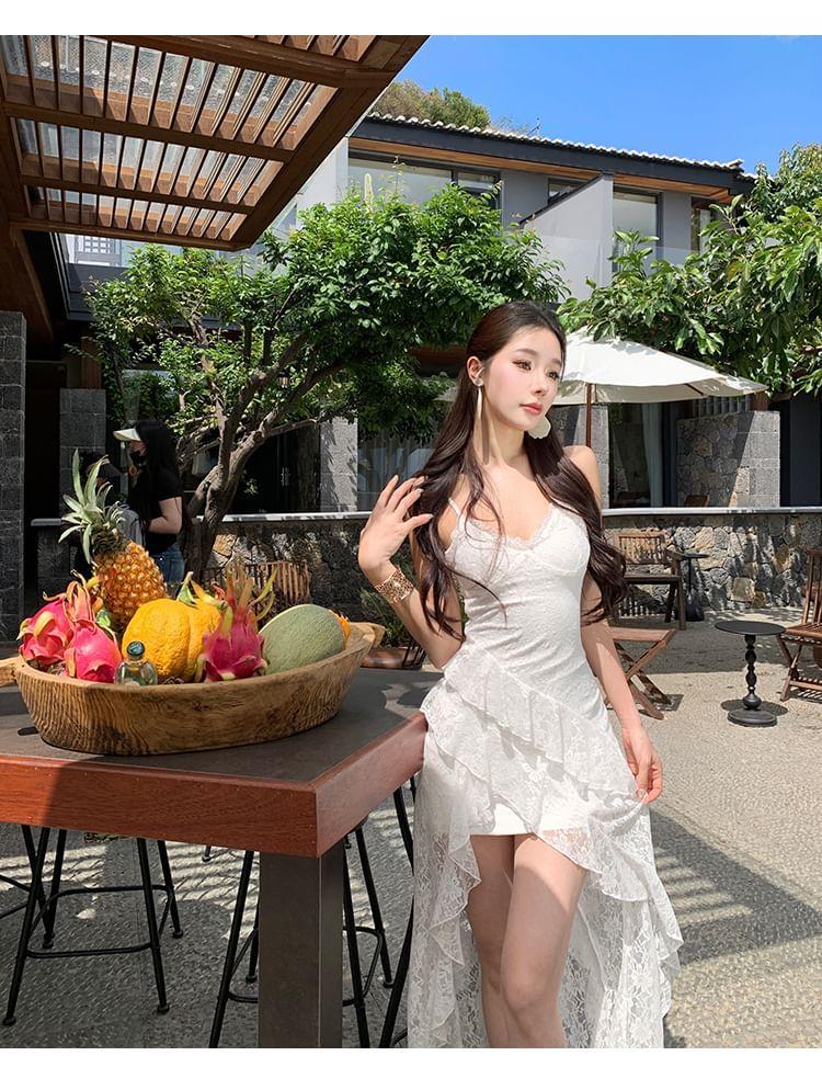 Spaghetti Strap V-Neck Plain Lace Trim Ruffle Trim High Low Lace Mini Bodycon Dress Product Image
