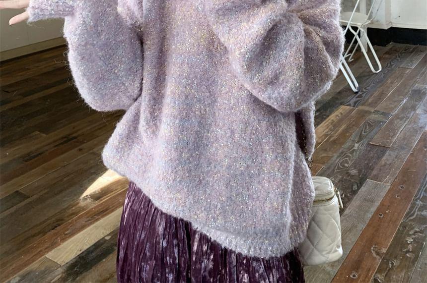 Oversized Melange Knit Sweater / Glitter Pleated Maxi Skirt Product Image