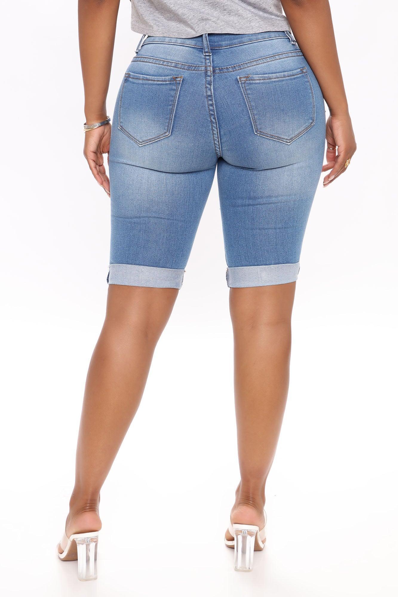 Beachside Babe Mid Rise Denim Bermudas - Medium Blue Wash Product Image