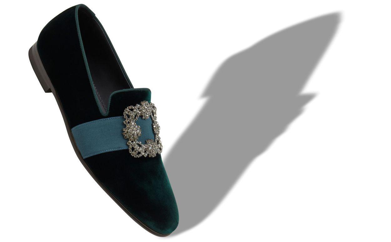 CARLTON Green Velvet Jewel Buckle Loafers Product Image