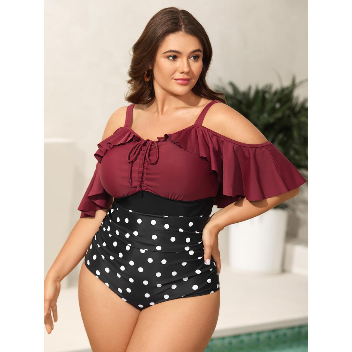 Plus Size Color Block Polka Dots One-Piece Swimsuit Women's Swimwear Deepred Beach Contrast Curve Bathing Suits High stretch One Pieces BloomChic 10/M Product Image