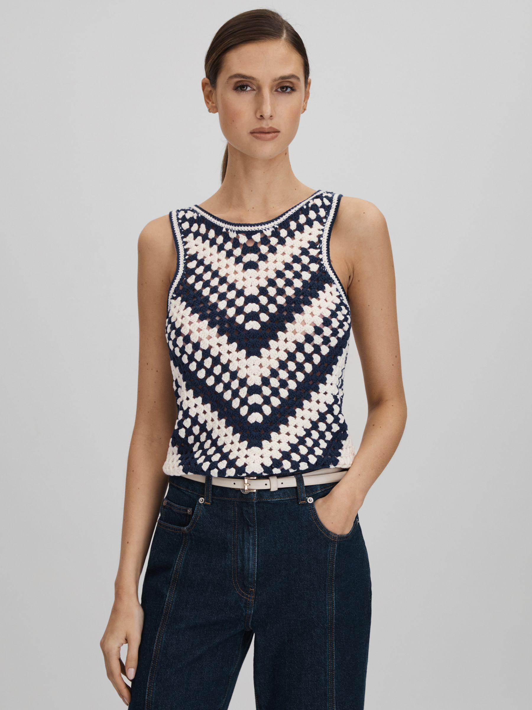 Crochet Crew Neck Vest in Navy/Ivory Product Image