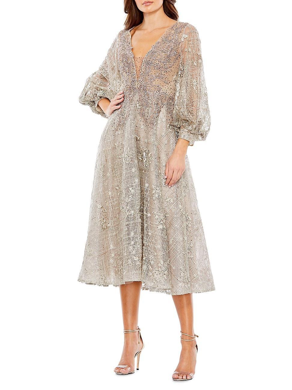 Womens Embellished Plunge-Neck Bishop-Sleeve Midi-Dress Product Image
