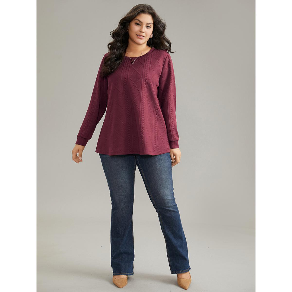 Plus Size Plain Textured Round Neck Sweatshirt Women Burgundy Casual Non Round Neck Everyday Sweatshirts BloomChic 12/L Product Image