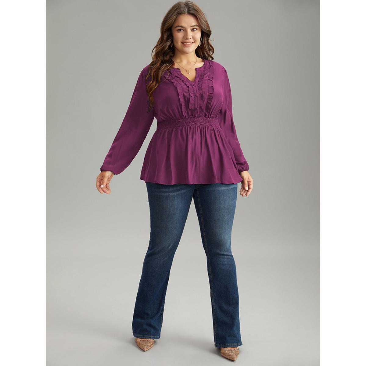 Plus Size RedViolet Solid Frill Trim Shirred Flutter Hem Blouse Women Elegant Long Sleeve Notched collar Dailywear Blouses BloomChic 28/5X Product Image