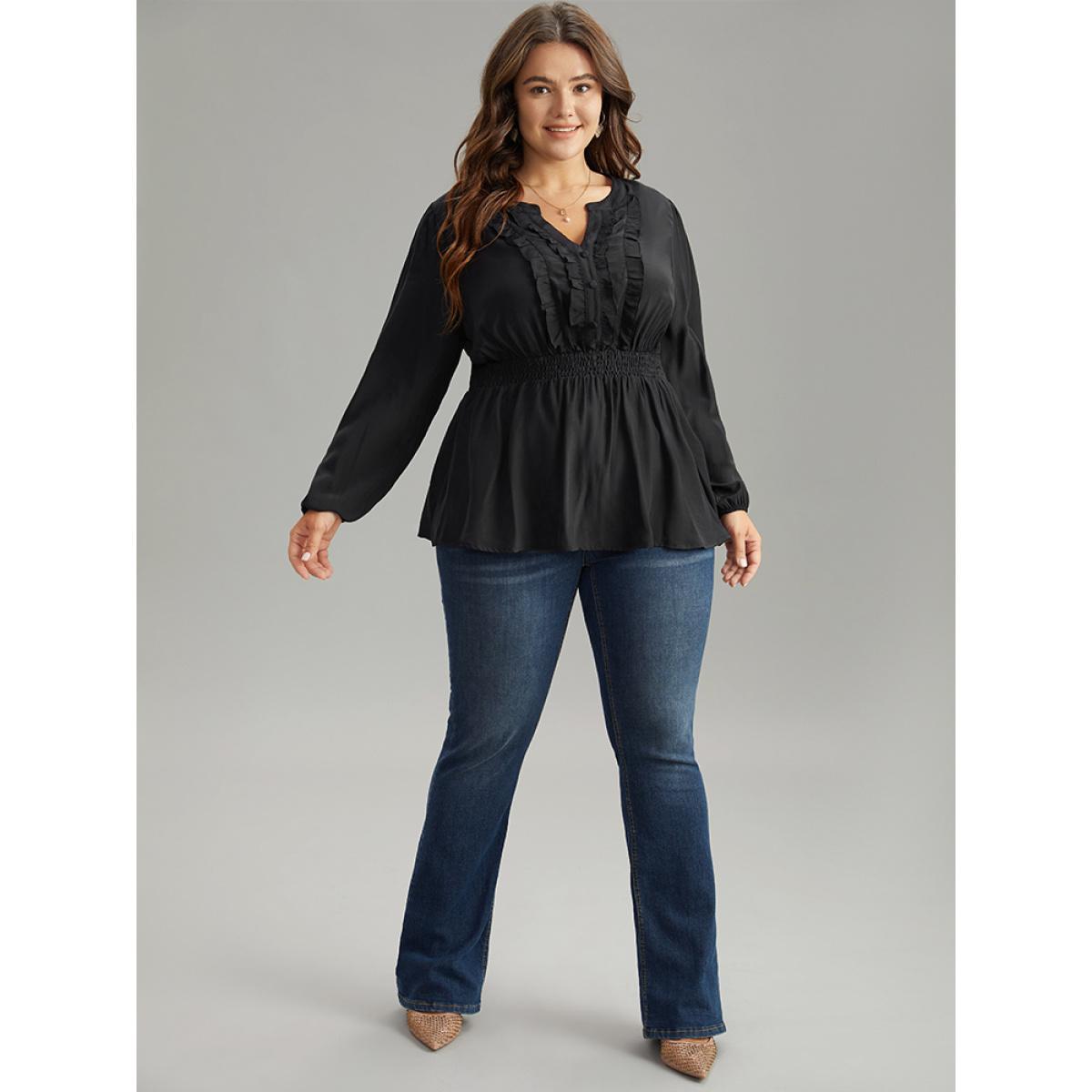 Plus Size Black Solid Frill Trim Shirred Flutter Hem Blouse Women Elegant Long Sleeve Notched collar Dailywear Blouses BloomChic 12/L Product Image