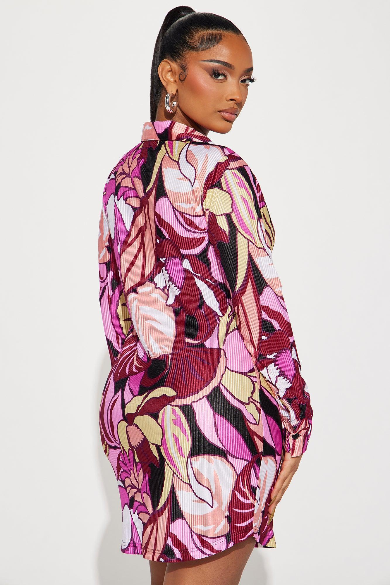 Lisa Plisse Tropical Shirt Dress - Fuchsia/combo Product Image