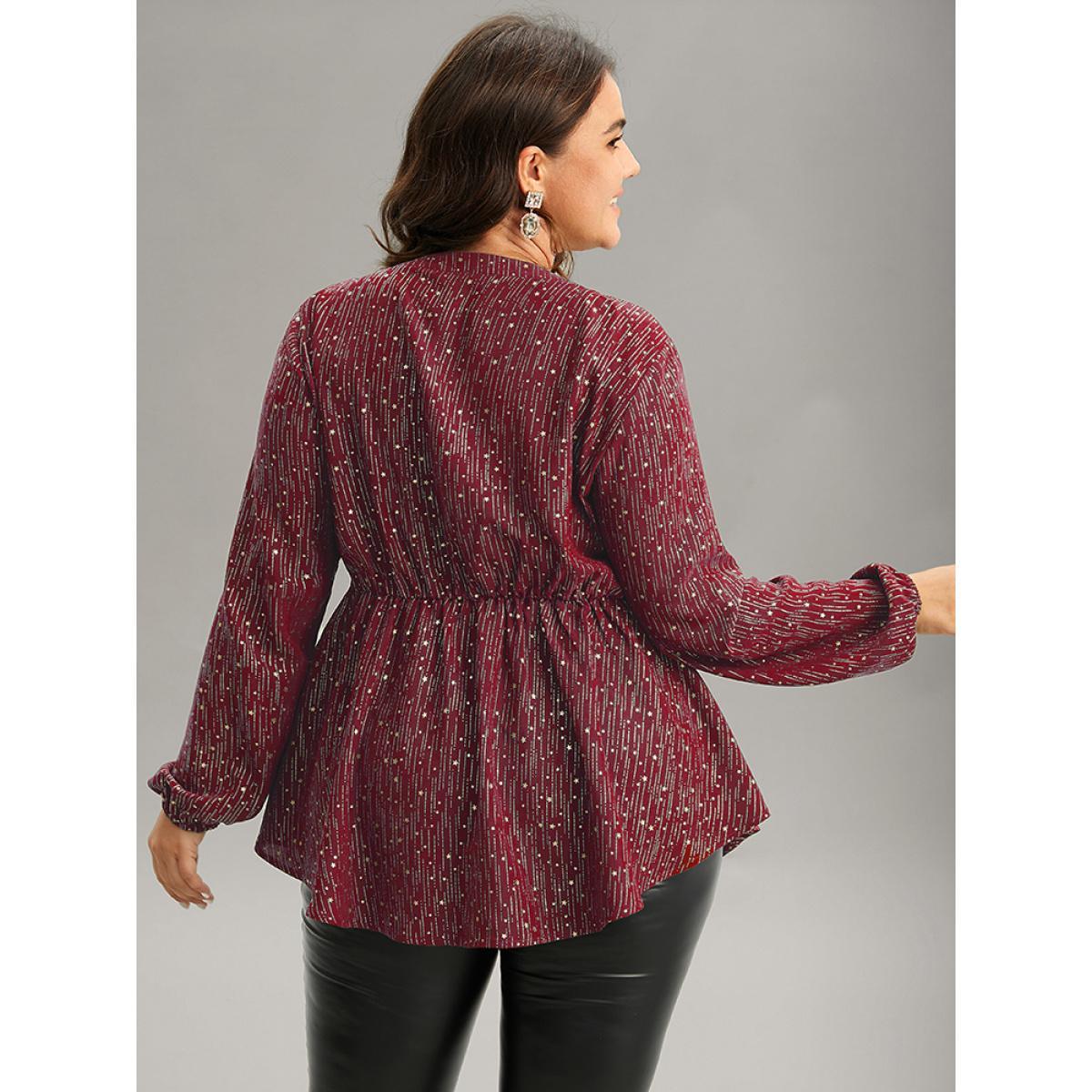 Plus Size Scarlet Glitter Lantern Sleeve Elastic Waist Lace Up Blouse Women Cocktail Long Sleeve Tie Neck Party Blouses BloomChic 22-24/3X Product Image