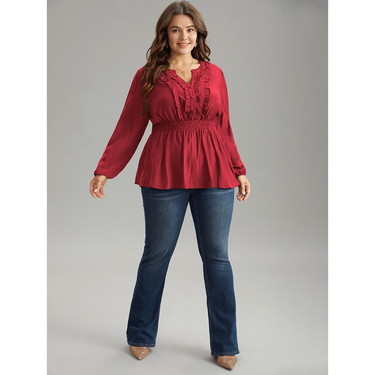 Plus Size Raspberry Solid Frill Trim Shirred Flutter Hem Blouse Women Elegant Long Sleeve Notched collar Dailywear Blouses BloomChic 14-16/1X Product Image