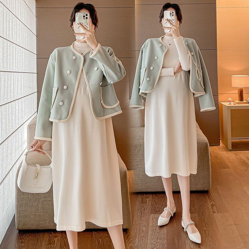 Maternity Long-Sleeve Mock Neck Plain Knit Midi A-Line Dress / Contrast Trim Button Jacket Product Image
