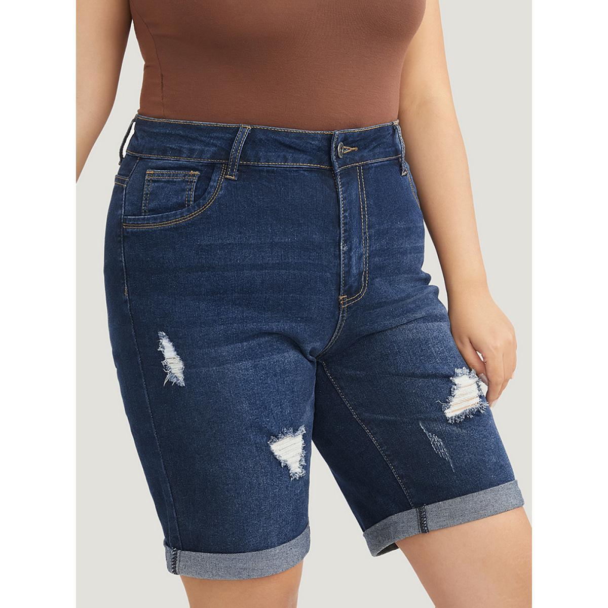 Plus Size Slightly Stretchy High Rise Dark Wash Distressed Denim Shorts Women DarkBlue Casual Plain Distressed Low stretch Pocket Jeans BloomChic 18/2X Product Image