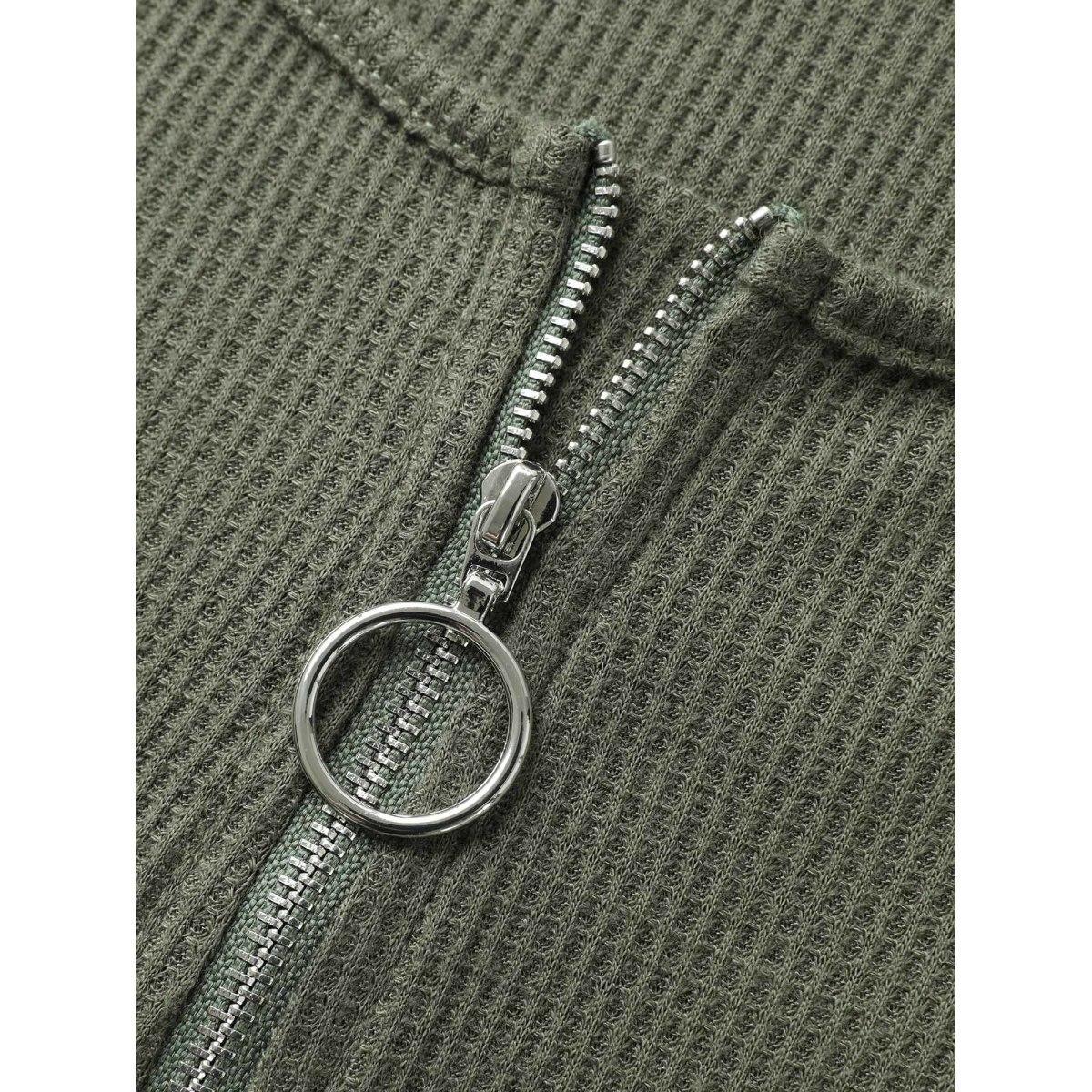 Plus Size Waffle High Low Hem Zipper T-Shirt ArmyGreen Women Topstitching Round Neck Everyday-Casual T-shirts BloomChic 26/4X Product Image