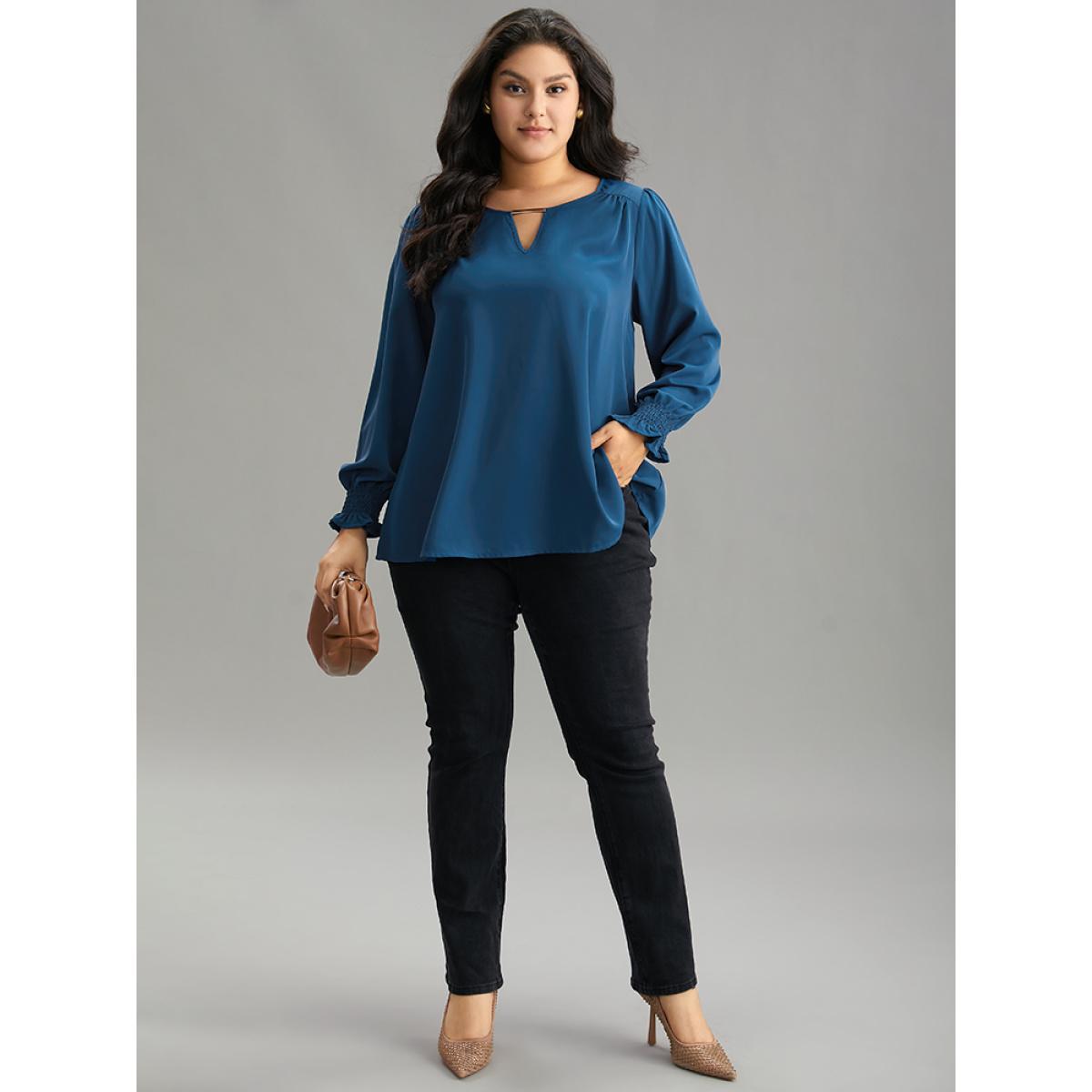 Plus Size Aegean Static-Free Plain Metal Detail Keyhole Shirred Blouse Women Office Long Sleeve Keyhole Cut-Out Work Blouses BloomChic 28/5X Product Image