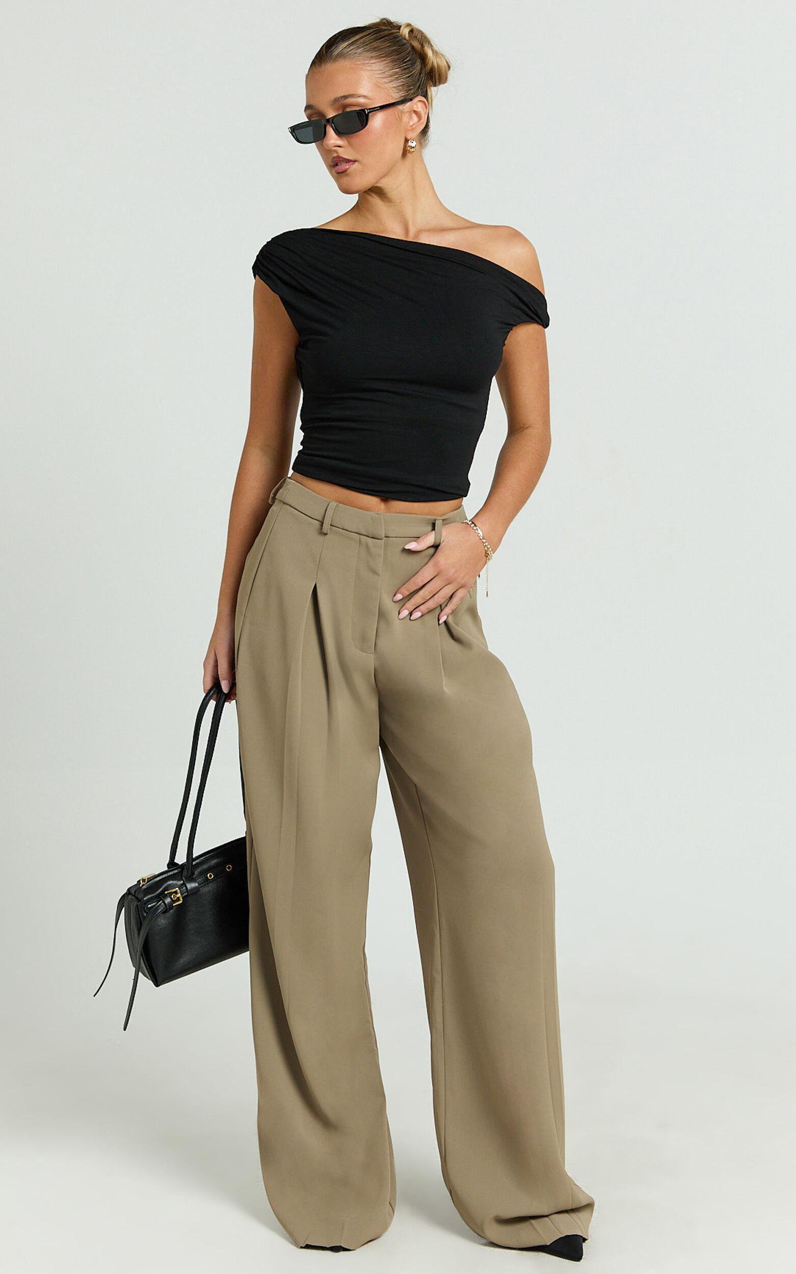 Harlee Pants - Mid Waist Pleated Wide Leg Pants in Olive Product Image