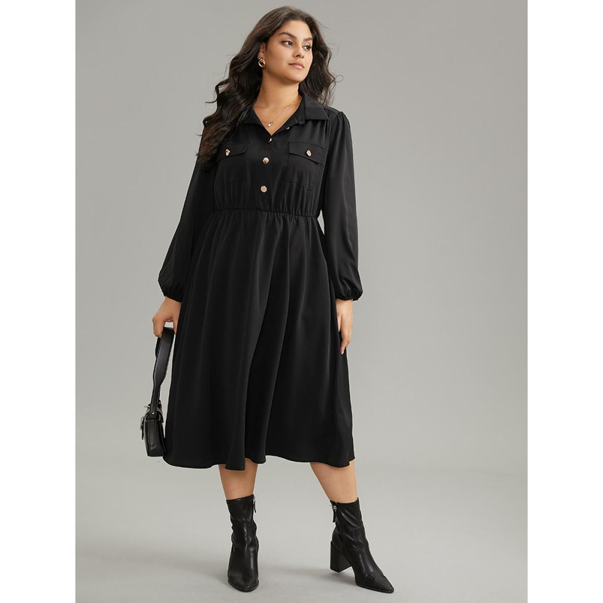 Plus Size Static-Free Plain Button Detail Lantern Sleeve Dress Black Women Office Elastic cuffs Shirt collar Long Sleeve Curvy Midi Dress BloomChic 28/5X Product Image