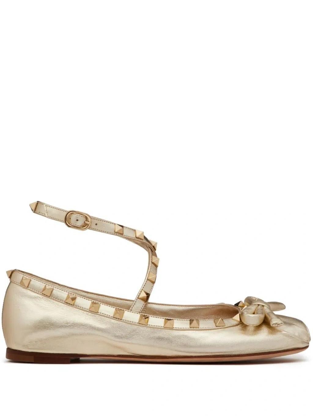 VALENTINO GARAVANI Gold Rockstud Leather Ballet Pumps Product Image