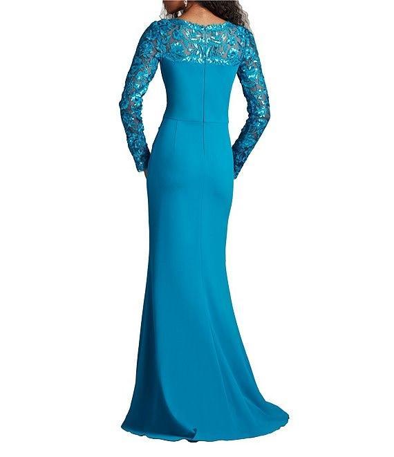 Tadashi Shoji Crepe Embroidered Sequin Boat Neck Long Sleeve Sheath Gown Product Image
