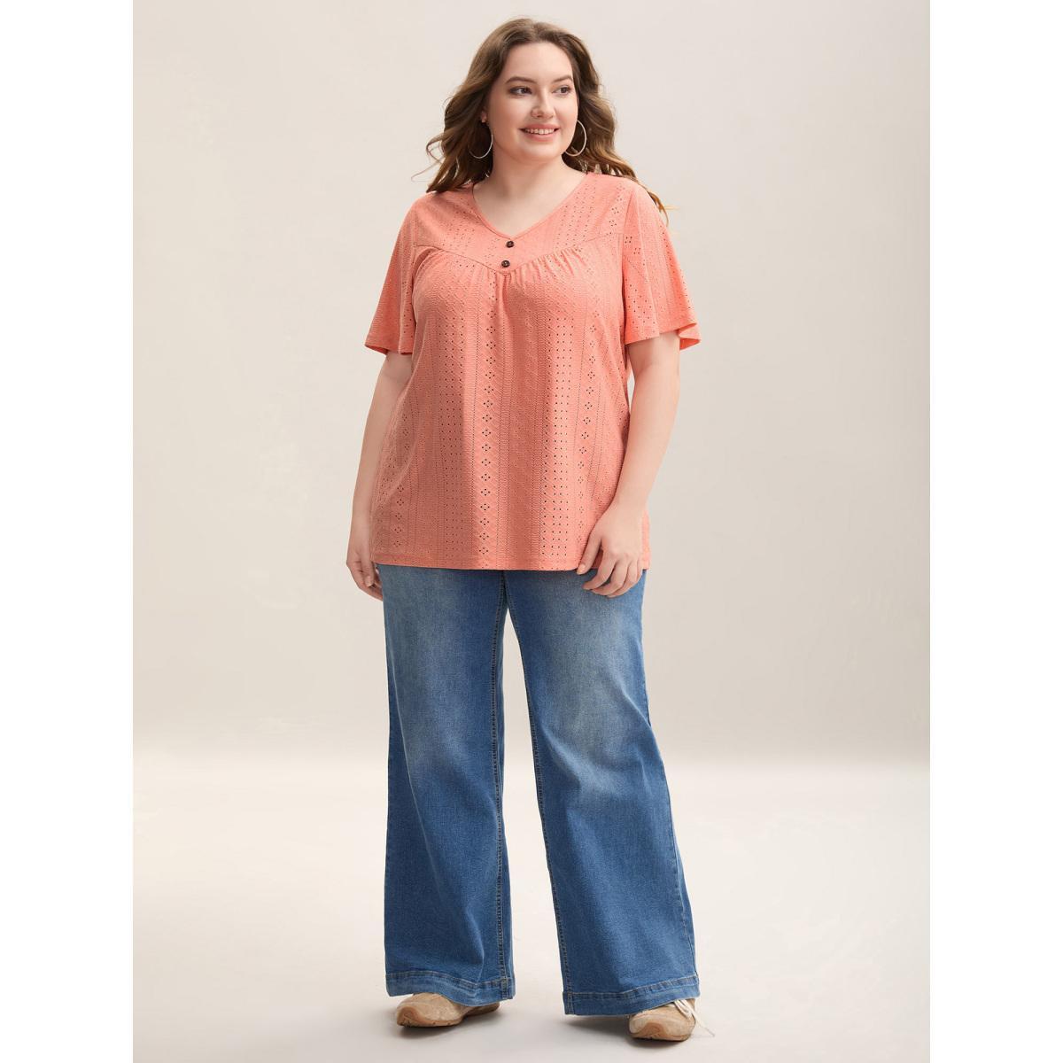 Plus Size Textured Button Detail Pleated T-Shirt Coral Women Casual Texture V-neck Everyday-Casual T-shirts BloomChic 12/L Product Image