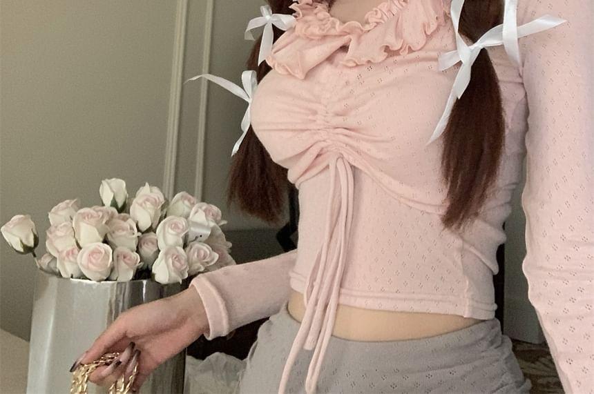 Long-Sleeve Plain Drawstring Lace Trim Cropped T-Shirt / High Waist Lettuce Edge Mini A-Line Skirt / Cropped Halter Top Product Image