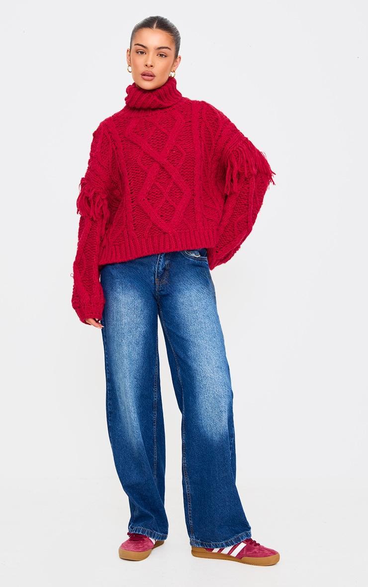 Red Cable Knit Tassel Detail Roll Neck Sweater Product Image