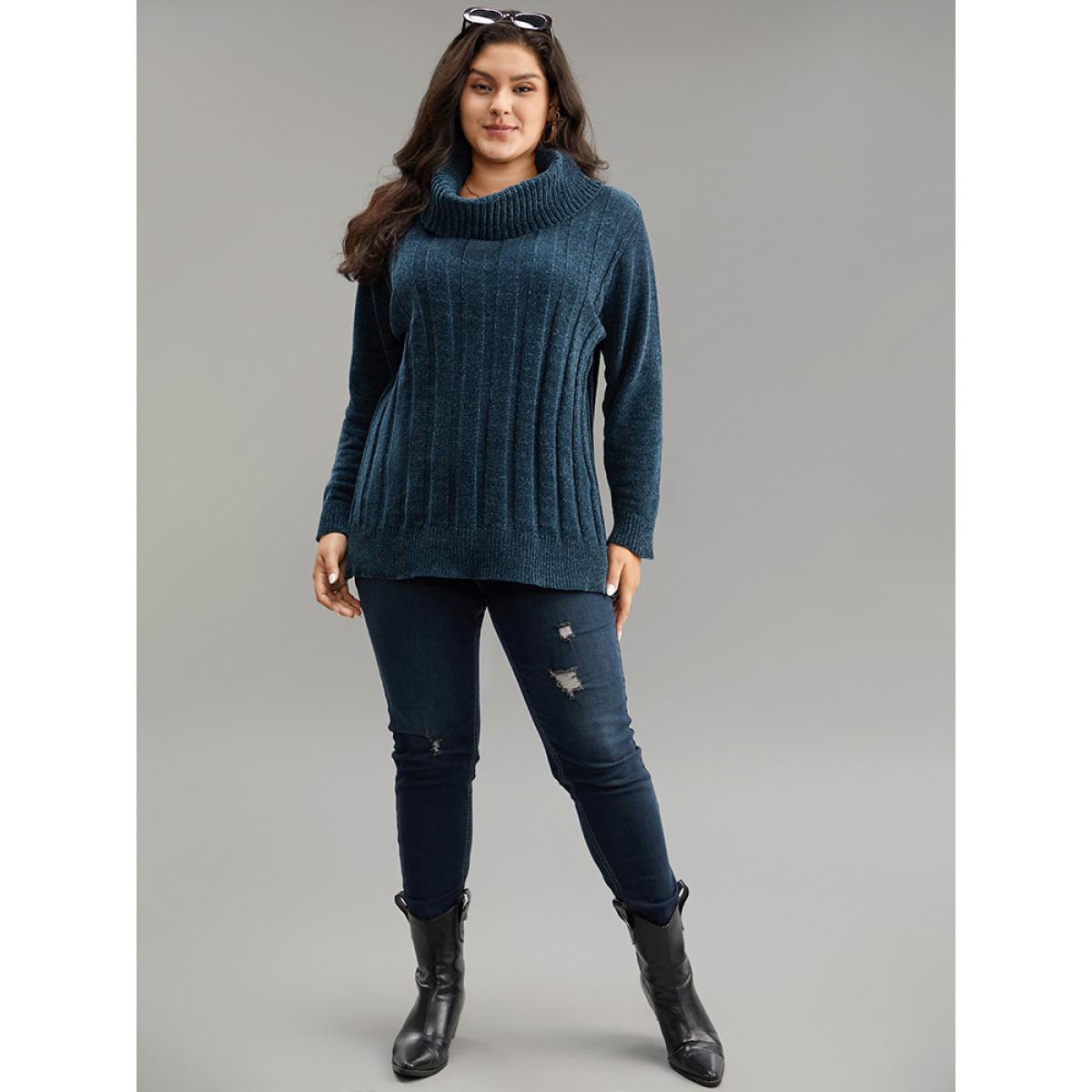 Plus Size Turtle Neck Plain Rib Knit Pullover Cyan Women Casual Long Sleeve Lapel Collar Dailywear Pullovers BloomChic 12/L Product Image