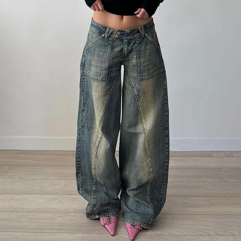 Low Waist Washed Loose-Fit Wide-Leg Jeans Product Image