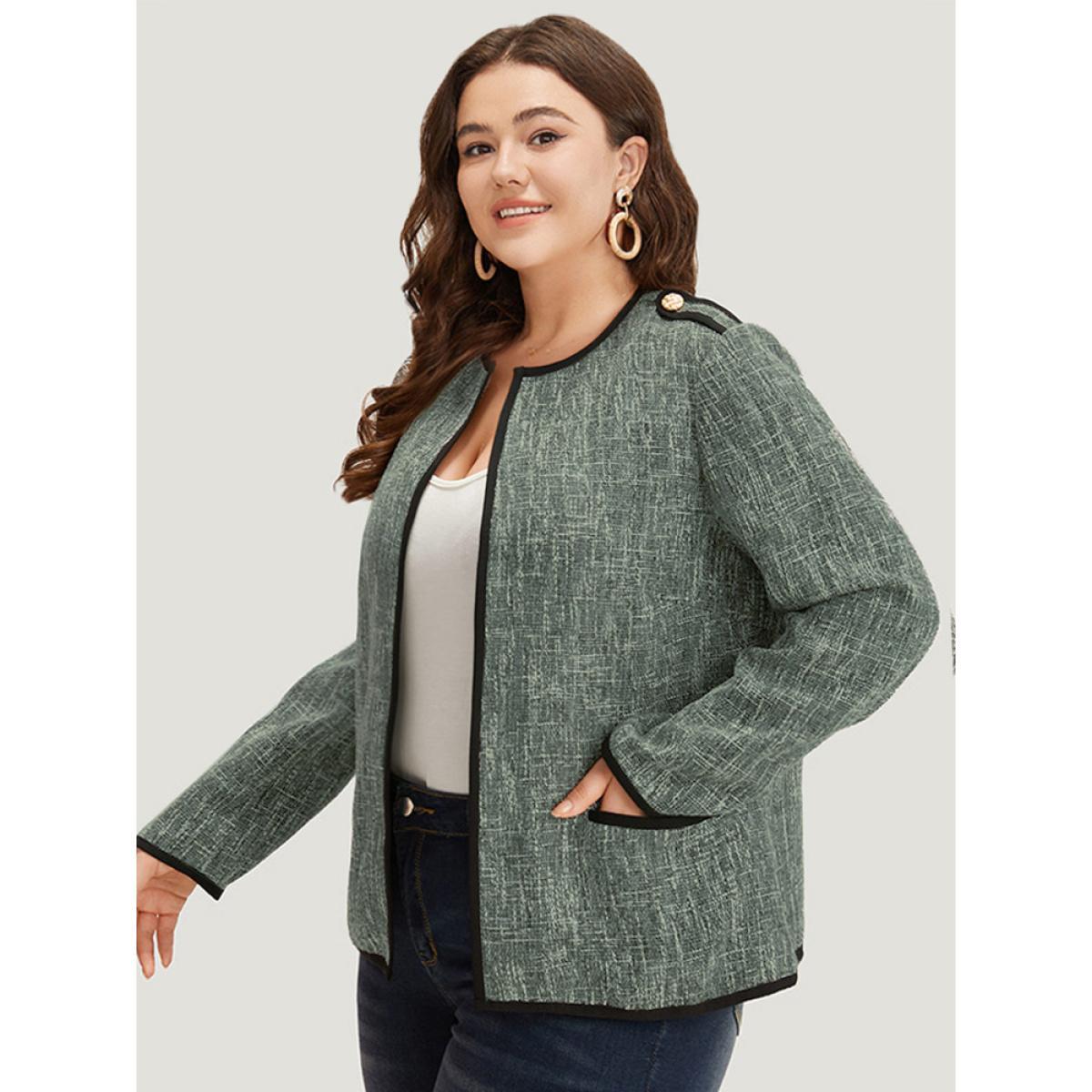 Plus Size Patchwork Contrast Button Detail Pocket Blazer Women Green Contrast Pocket Work Jackets BloomChic 28/5X Product Image