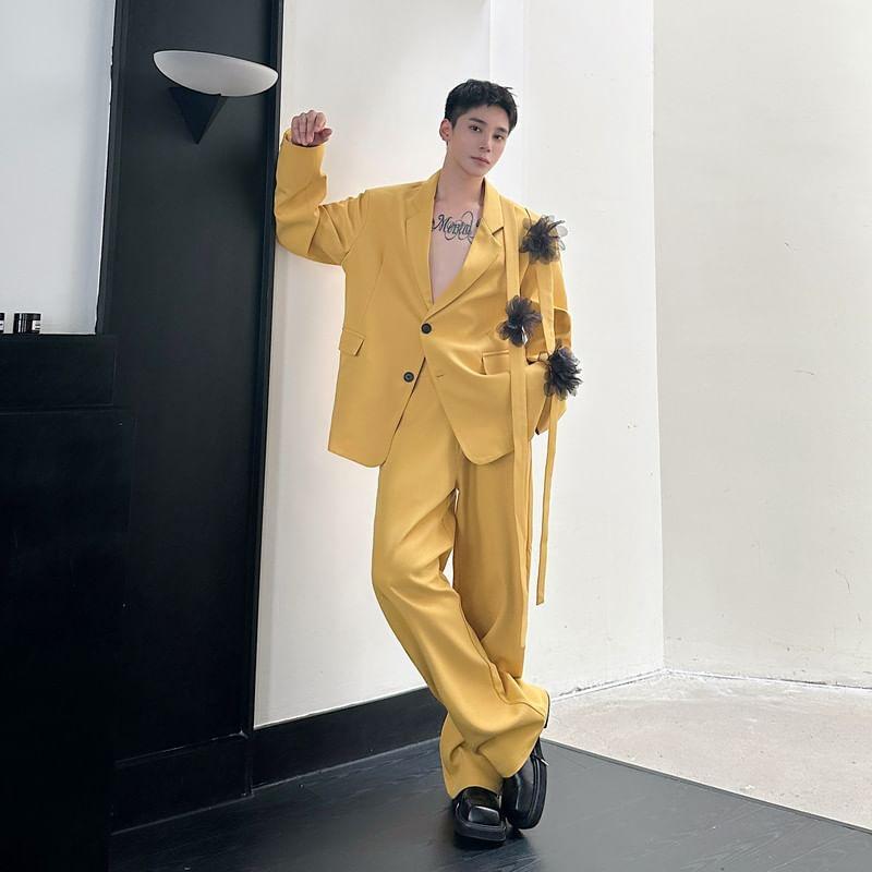 Set: Lapel Collar Plain Single Breasted Blazer + Mid Rise Plain Wide Leg Pants Product Image