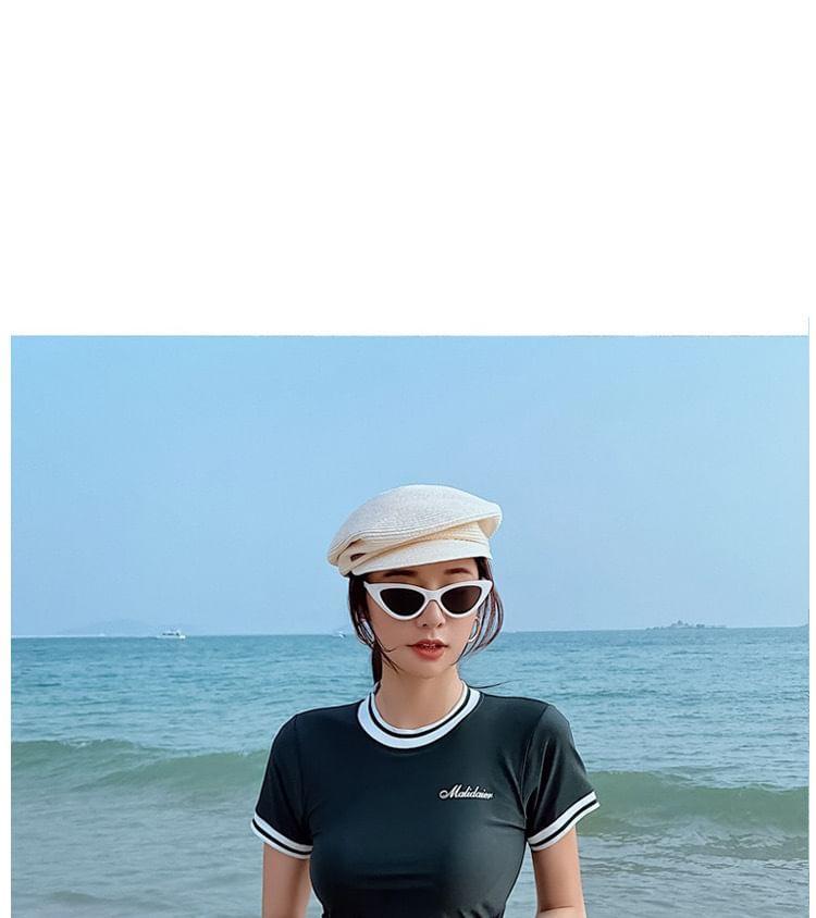 Short Sleeve Round Neck Lettering Print Striped Drawstring Swimdress Product Image