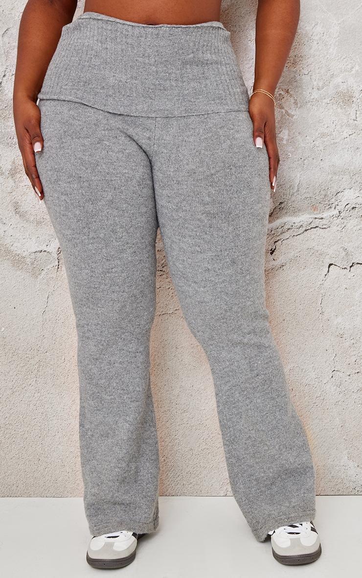 Plus Ash Grey Melange Soft Knit Foldover Waist Flared Pants Product Image