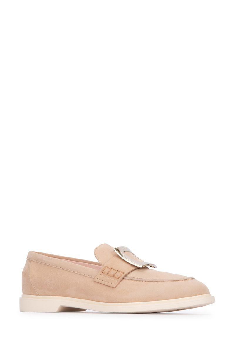 ROGER VIVIER 25mm Metal Buckle Suede Loafers In Cream Product Image