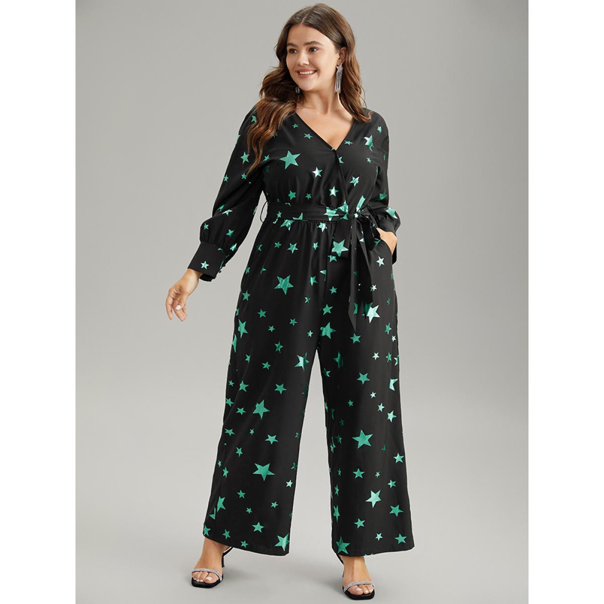 Plus Size Black Star Glitter Belted V Neck Jumpsuit Women Glamour Long Sleeve Overlap Collar Going out Loose Jumpsuits BloomChic 10/M Product Image