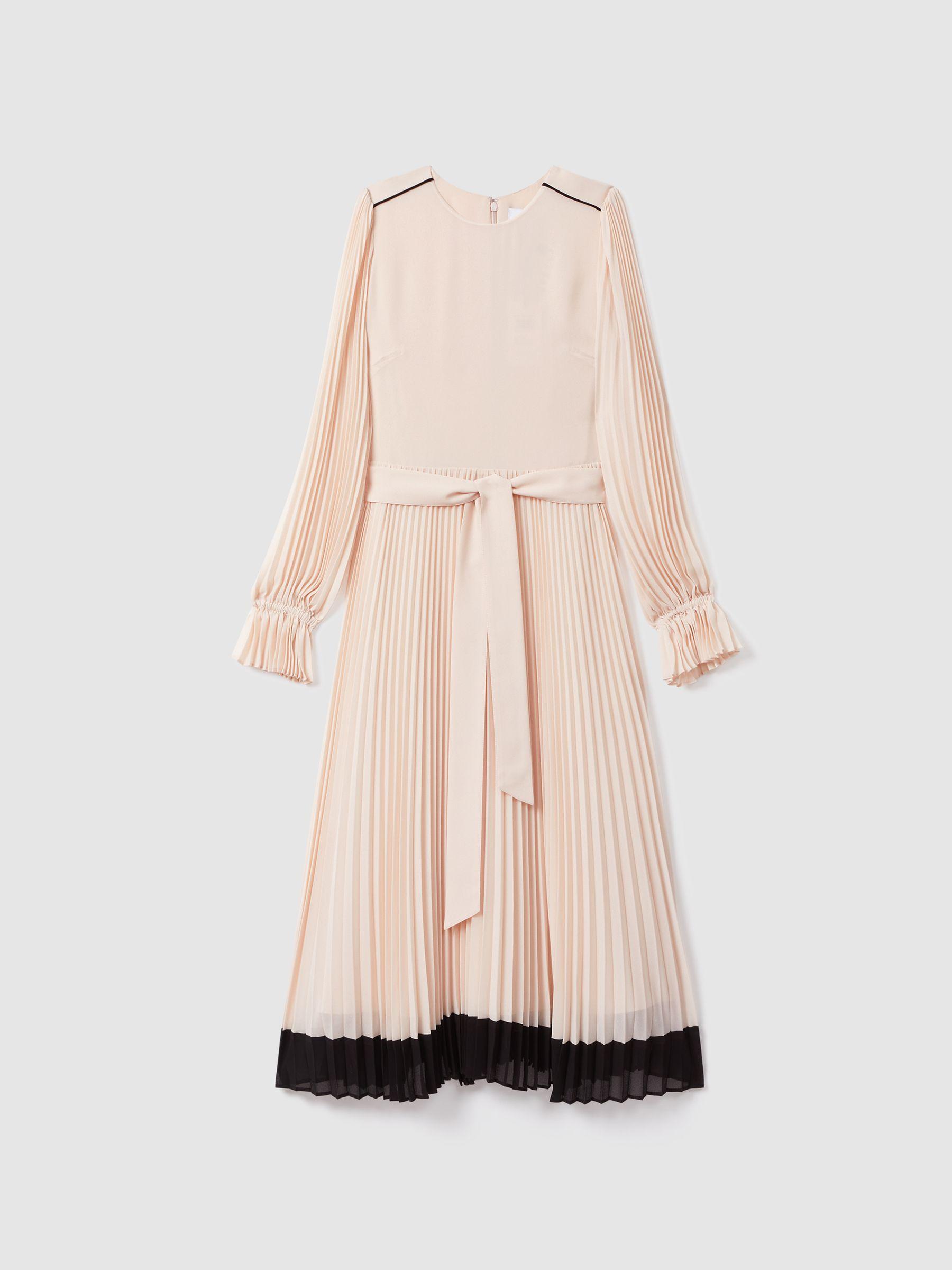 Pleated Belted Midi Dress in Nude/Black Product Image