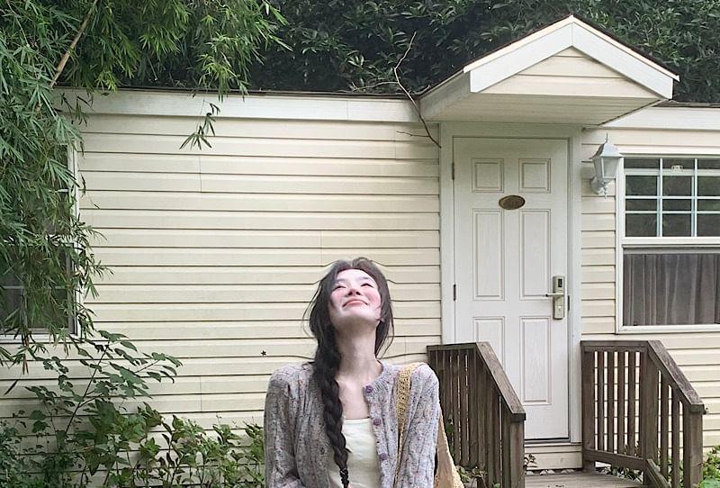 Plain Cable-Knit Cardigan / High Waist Maxi H-Line Skirt Product Image