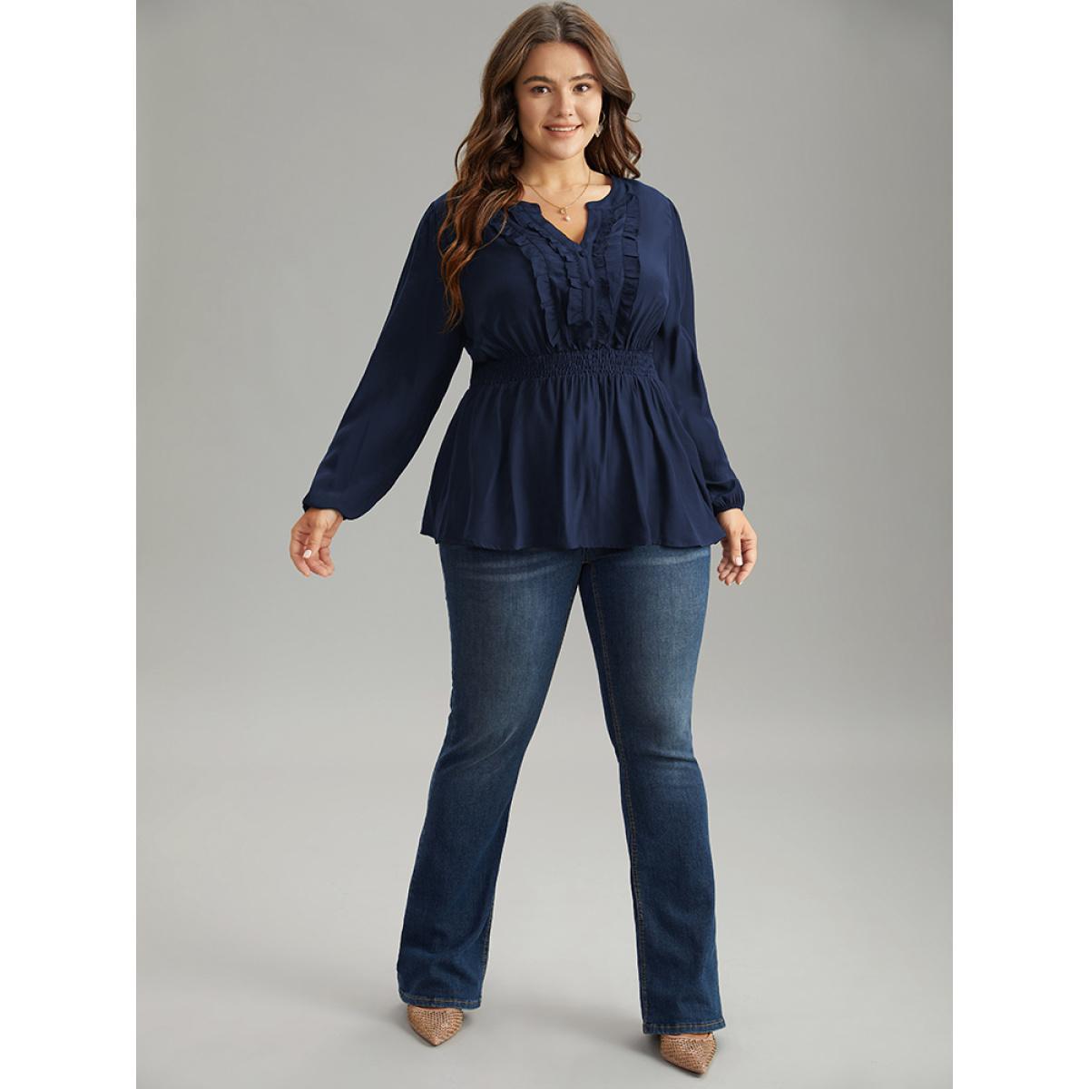 Plus Size Indigo Solid Frill Trim Shirred Flutter Hem Blouse Women Elegant Long Sleeve Notched collar Dailywear Blouses BloomChic 12/L Product Image
