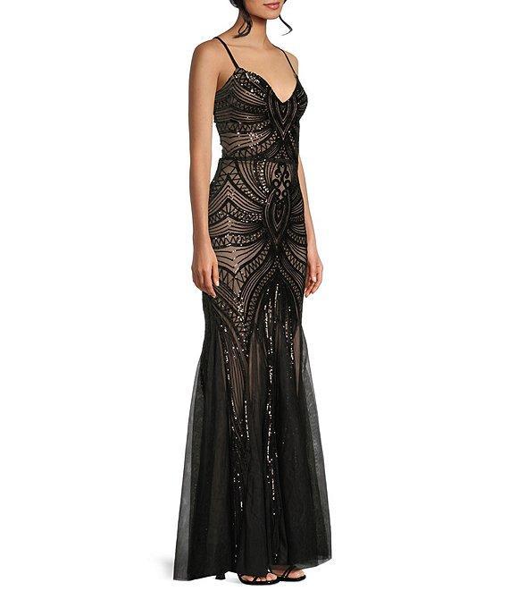 B. Darlin Sequin Pattern V-Neck Spaghetti Strap Lace Up Back Dress Product Image