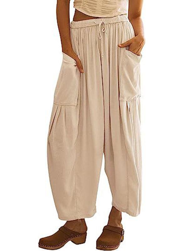High Waisted Loose Drawstring Elasticity Pleated Pockets Solid Color Ninth Pants Trousers Product Image