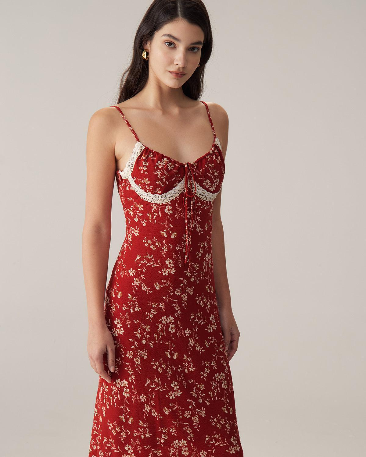 Red Floral Ruched Slip Midi Dress Product Image
