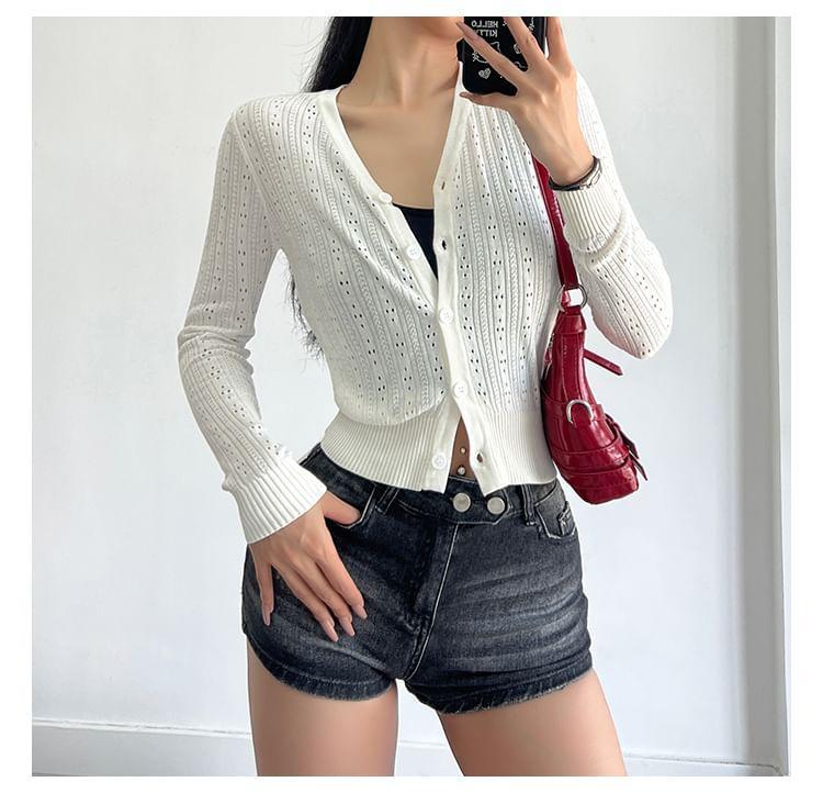 V-Neck Plain Pointelle Cardigan Product Image
