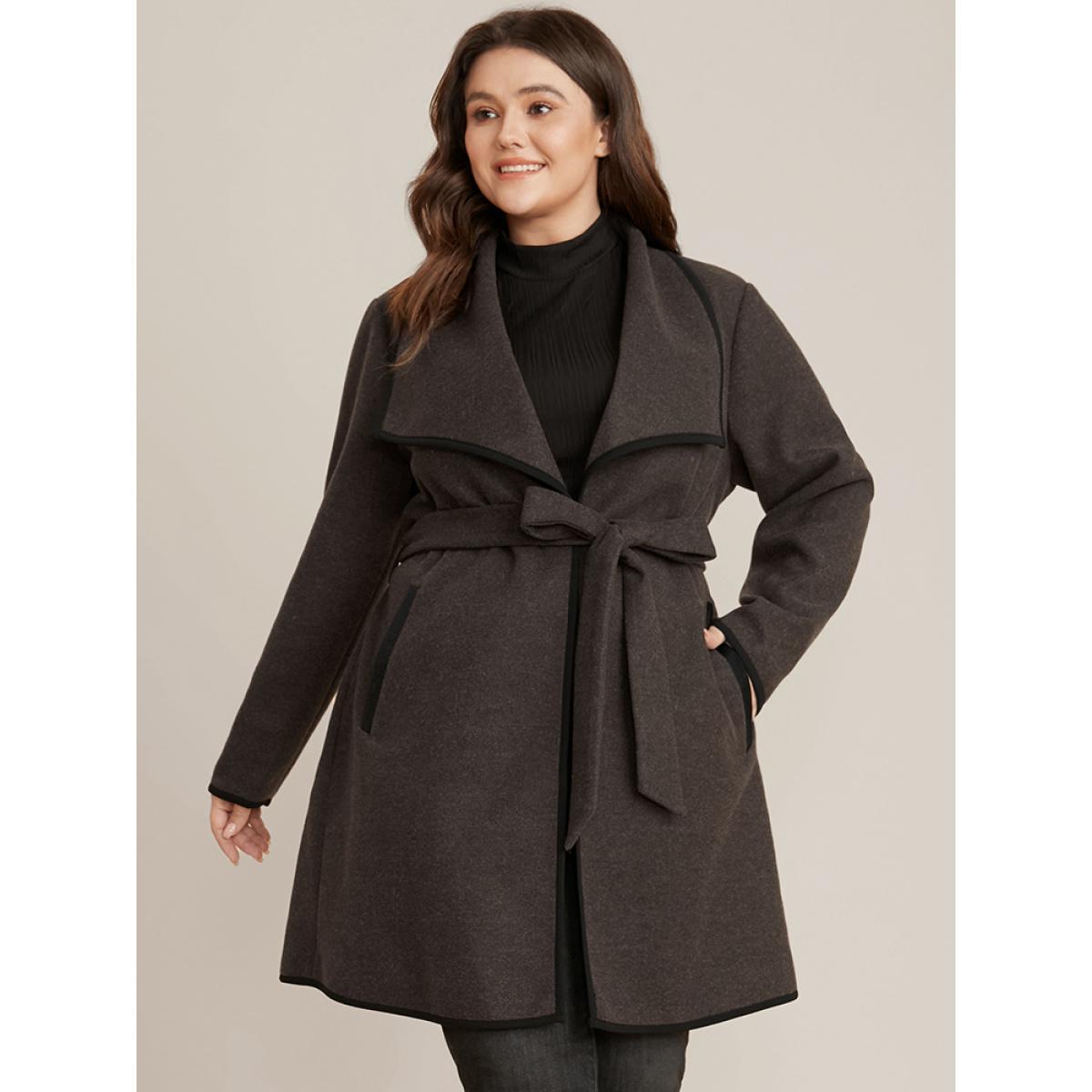Plus Size Contrast Trim Pocket Belted Lapel Collar Coat Women DarkBrown Office Belted Ladies Work Winter Coats BloomChic 14-16/1X Product Image