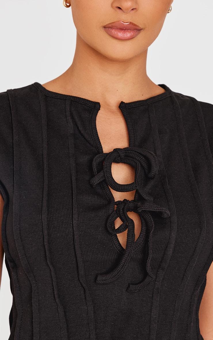 Black Ribbed Tie Front Detail Long Top Product Image
