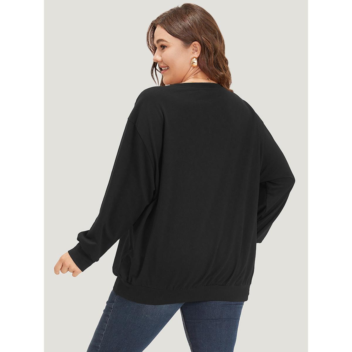 Plus Size Lace Insert V Neck Elastic Cuffs Sweatshirt Women Black Elegant Elastic cuffs V-neck Dailywear Sweatshirts BloomChic 14-16/1X Product Image