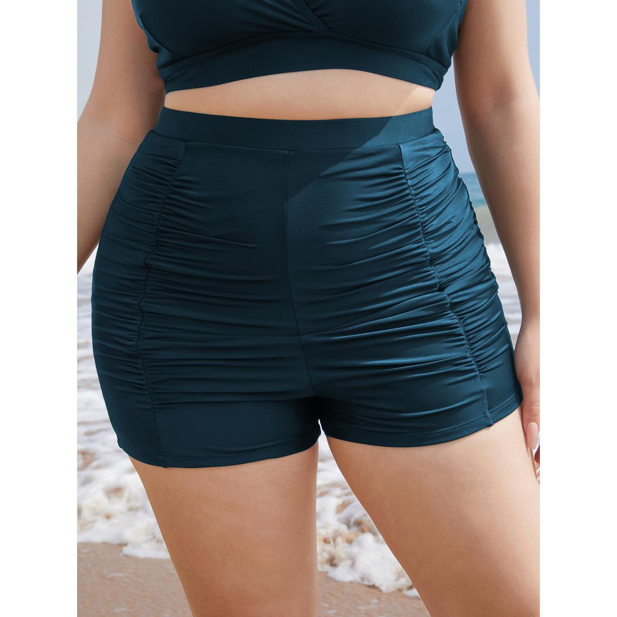 Plus Size Solid High Waist Ruched Detail Swim Shorts Women's Swimwear Cyan Beach Gathered High stretch Skinny High Rise Curve Swim Bottoms BloomChic 14-16/1X Product Image