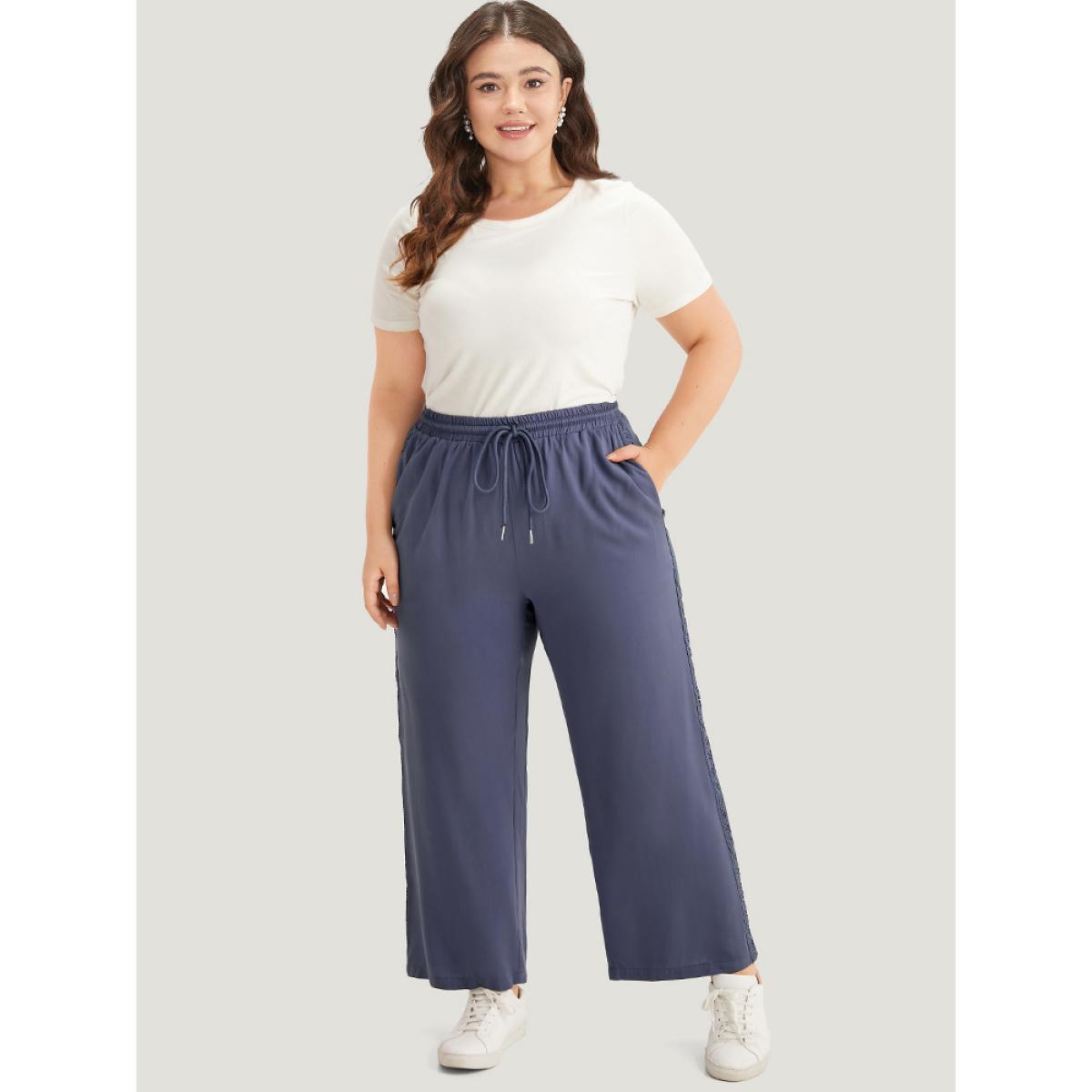 Plus Size Solid Crochet Lace Knotted Elastic Waist Pants Women Stone Casual Wide Leg High Rise Dailywear Pants BloomChic 26/4X Product Image